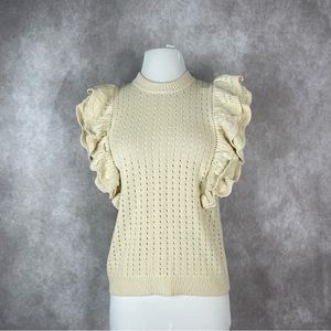 Who What Wear Crewneck Ruffle Sweater Vest Tan Cream Back Button Size S NWT